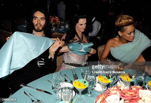 Comedian Russell Brand, singer Katy Perry and singer Rihanna during the 52nd Annual GRAMMY Awards - Salute To Icons Honoring Doug Morris held at The...