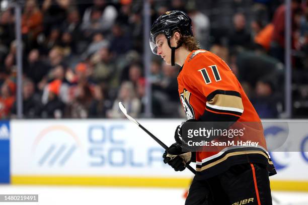 Trevor Zegras of the Anaheim Ducks looks on during the third period of a game against the Edmonton Oilersat Honda Center on April 05, 2023 in...