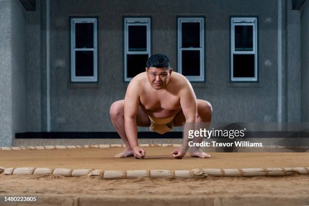 portrait of a mid-adult male sumo wrestling coach on a dohyo - sumo fotografías e imágenes de stock
