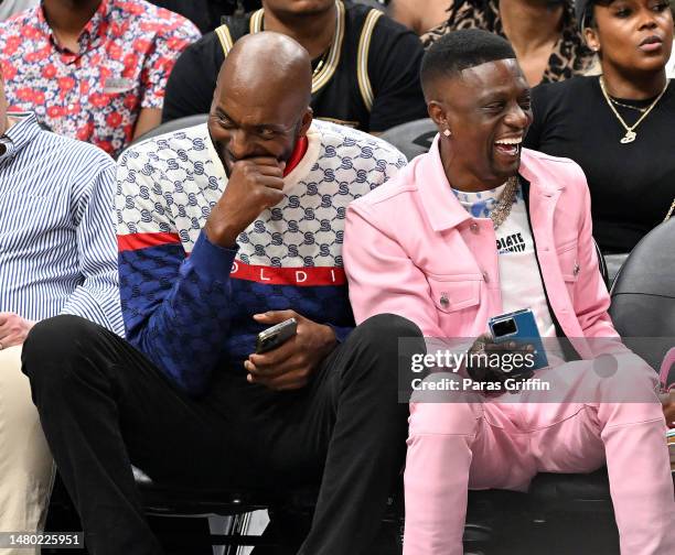 John Salley and Boosie Badazz attend the game between the Washington Wizards and the Atlanta Hawks at State Farm Arena on April 05, 2023 in Atlanta,...