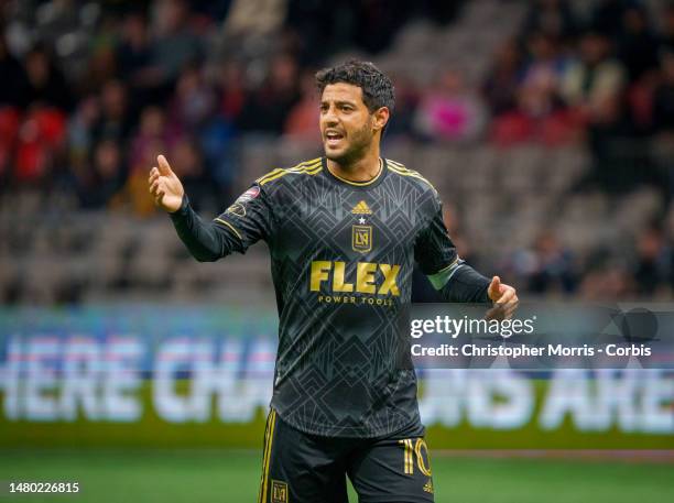 Carlos Vela of Los Angeles FC reacts during the game against Vancouver Whitecaps FC at BC Place on April 5, 2023 in Vancouver, Canada.