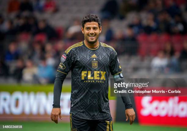 Carlos Vela of Los Angeles FC reacts during the game against Vancouver Whitecaps FC at BC Place on April 5, 2023 in Vancouver, Canada.