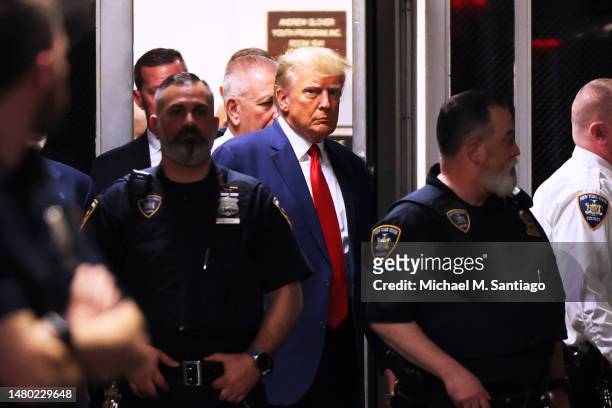 Former U.S. President Donald Trump arrives for his arraignment at Manhattan Criminal Court on April 04, 2023 in New York City. With the indictment,...