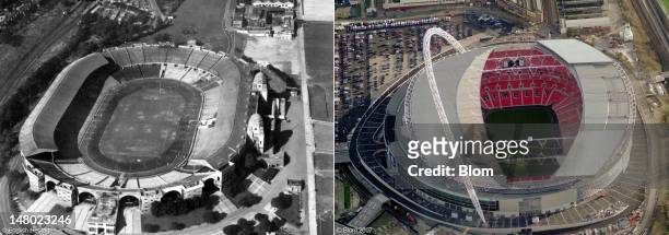 In this composite image a comparison is made between two aerial images of the Wembley Stadium. In 1948 Wembley Stadium hosted the bulk of the Olympic...