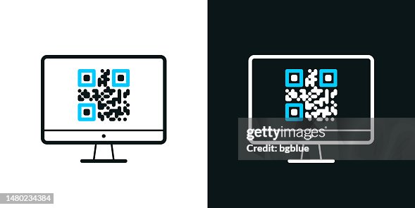 Desktop computer with QR code. Bicolor line icon on black or white background - Editable stroke Desktop computer with QR code. Bicolor line icon on black or white background - Editable stroke