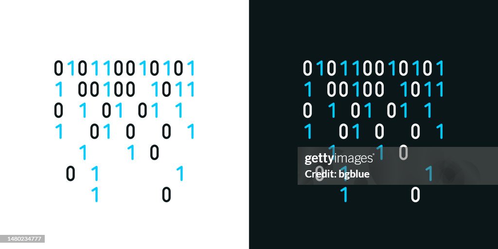 Falling binary code. Bicolor line icon on black or white background - Editable stroke