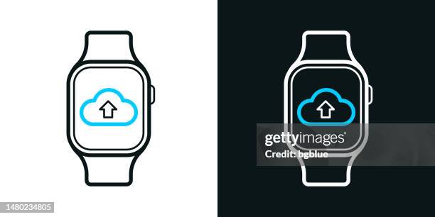 cloud upload from smartwatch. bicolor line icon on black or white background - editable stroke - computer file transfer stock illustrations