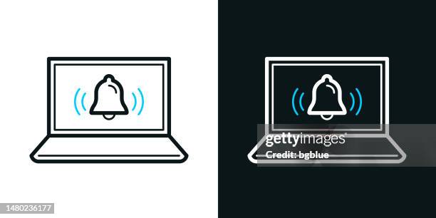 laptop with ringing bell - notification. bicolor line icon on black or white background - editable stroke - reminder notification stock illustrations