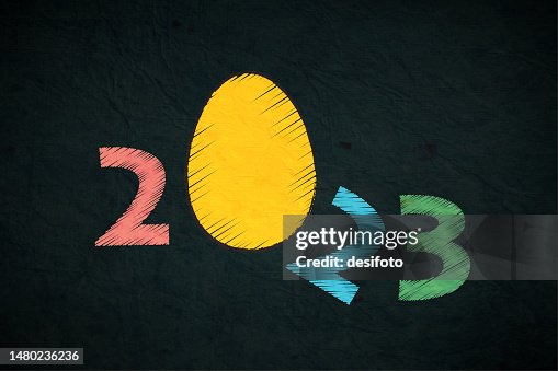 Creative comic or fun horizontal vector backgrounds or poster or banner with large font text year 2023 in vibrant colourful stroking pattern over scratched grunge textured black backdrop like a wrinkled crepe paper with tilted 2 and one yellow Easter egg Creative comic or fun horizontal vector backgrounds or poster or banner with large font text year 2023 in vibrant colourful stroking pattern over scratched grunge textured black backdrop like a wrinkled crepe paper with tilted 2 and one yellow Easter egg