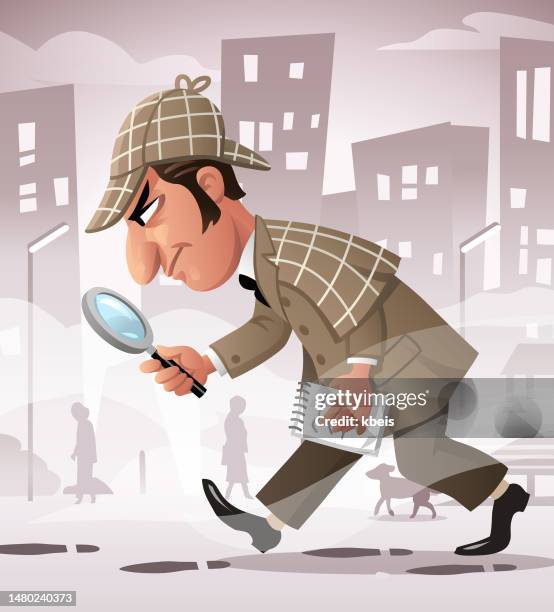 detective following footprints in a foggy city - urban road stock illustrations