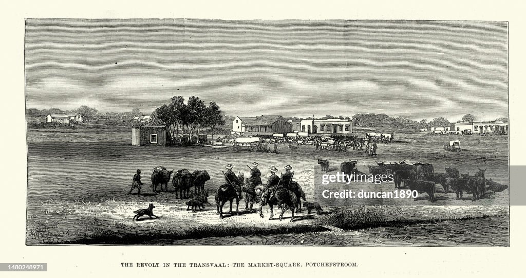 Plaza del mercado en Potchefstroom, Transvaal durante la Primera Guerra Bóer, victoriana, historia, década de 1880, siglo 19