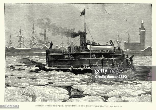 passenger ferry crossing the frozen river mersey, liverpool, cold weather, victorian, history, 1880s, 19th century - river mersey stock illustrations