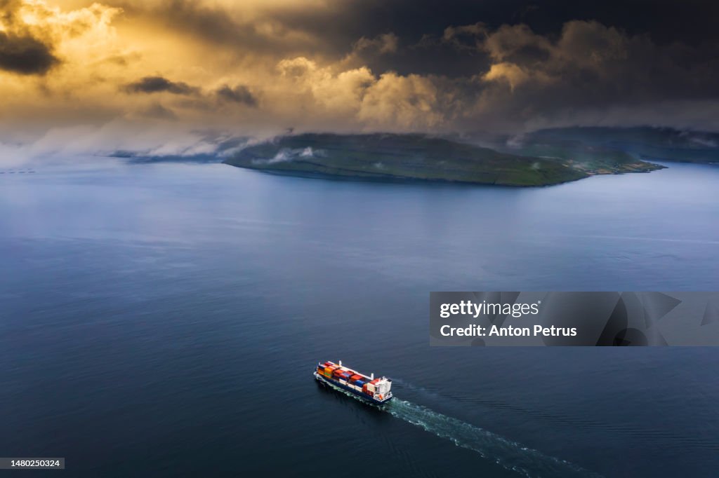 Aerial view of container ship in the Atlantic ocean