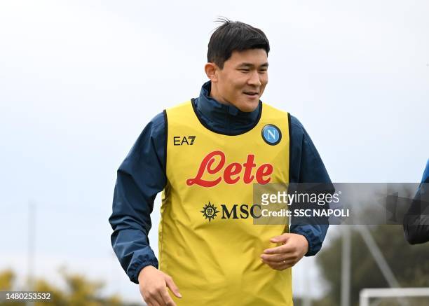 Min-Jae Kim of Napoli during a training session on April 06, 2023 in Naples, Italy.
