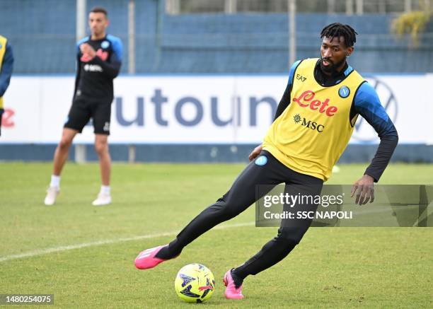 Zambo Anguissa of Napoli during a training session on April 06, 2023 in Naples, Italy.