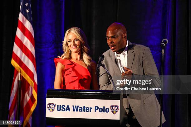 Television personalities Brooke Anderson and Kevin Frazier speak at the U.S. Olympic water polo teams official send-off at InterContinental Hotel on...