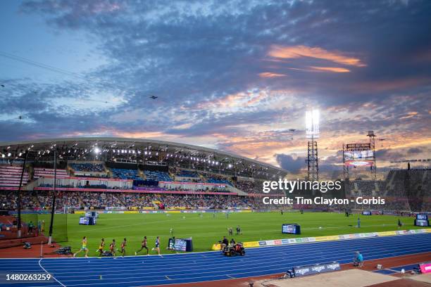 General view at sunset of the Men's 10,000m - Final, won by Jacob Kiplimo of Uganda during the Athletics competition at Alexander Stadium during the...