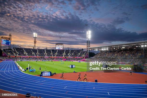 General view at sunset of the Men's 10,000m - Final, won by Jacob Kiplimo of Uganda during the Athletics competition at Alexander Stadium during the...