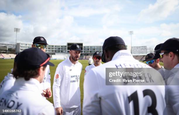 James Vince of Hampshire speaks to his players during day one of the LV= Insurance County Championship Division 1 match between Hampshire and...