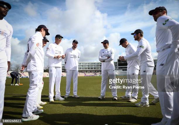 James Vince of Hampshire speaks to his players during day one of the LV= Insurance County Championship Division 1 match between Hampshire and...