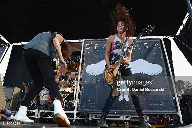 Emily Armstrong and Siouxsie Medley of Dead Sara perform during the 2012 Vans Warped Tour at First Midwest Bank Amphitheatre on July 7, 2012 in...