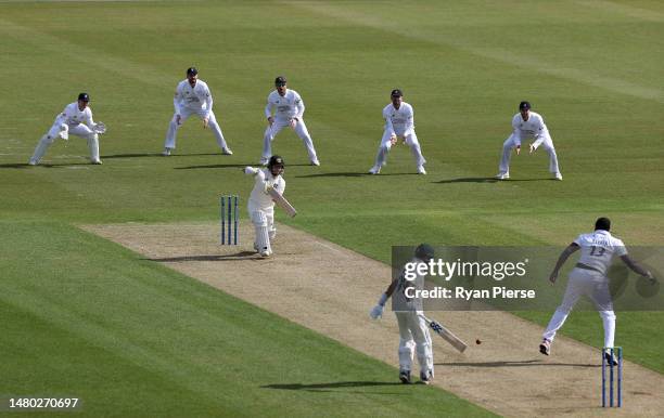 Ben Duckett of Nottinghamshire bats as Keith Barker of Hampshire bowls during the LV= Insurance County Championship Division 1 match between...