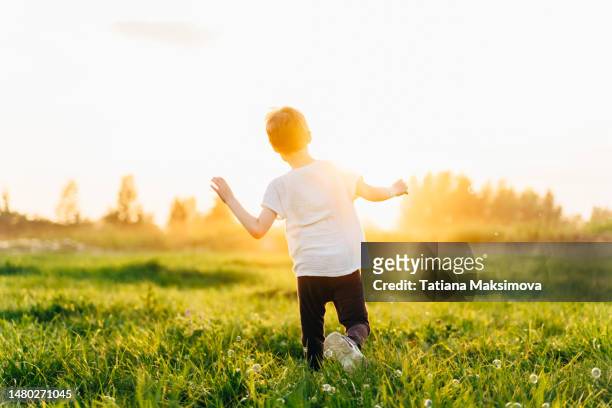 a little boy runs after soap bubbles and has fun in the field at sunset. - tshirt template stock pictures, royalty-free photos & images