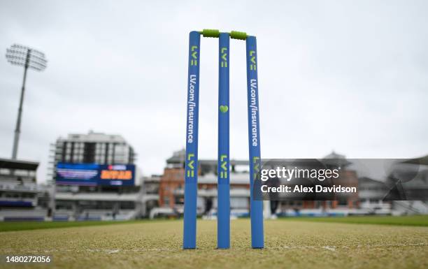 The stumps are seen ahead of the LV= Insurance County Championship Division 1 match between Middlesex and Essex at Lord's Cricket Ground on April 06,...