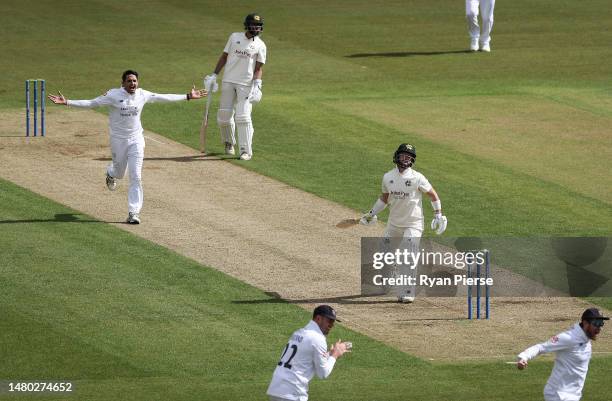 Mohammad Abbas of Hampshire celebrates after taking the wicket of Ben Duckett of Nottinghamshire during day one of the LV= Insurance County...