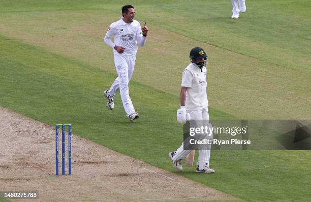 Mohammad Abbas of Hampshire celebrates after taking the wicket of Haseeb Hameed of Nottinghamshire during day one of the LV= Insurance County...