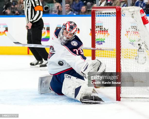 Jet Greaves of the Columbus Blue Jackets makes a save during the second period against the Toronto Maple Leafs at the Scotiabank Arena on April 4,...