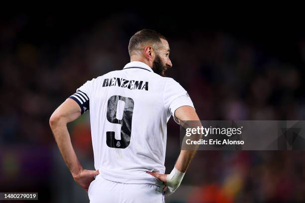 Karim Benzema of Real Madrid CF looks on during the Copa Del Rey Semi Final Second Leg match between FC Barcelona and Real Madrid CF at Spotify Camp...