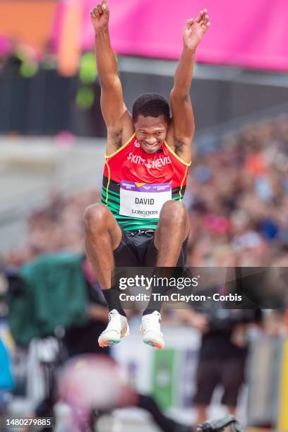 Kizan David of St. Kitts and Nevis in action in the Men's Long Jump - Qualifying Round during the Athletics competition at Alexander Stadium at the...