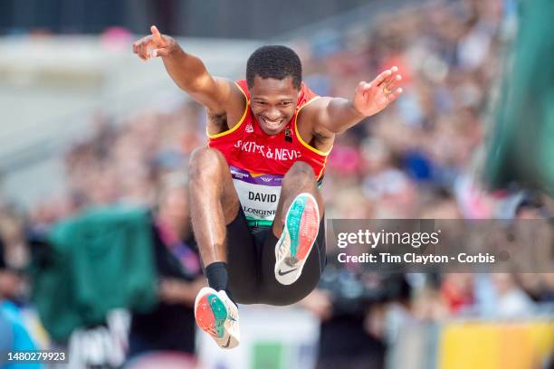Kizan David of St. Kitts and Nevis in action in the Men's Long Jump - Qualifying Round during the Athletics competition at Alexander Stadium at the...