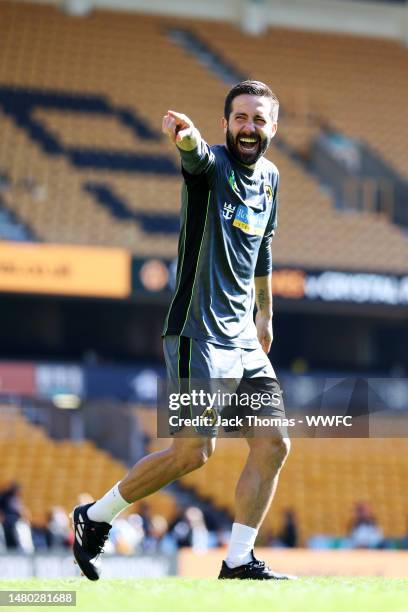 Joao Moutinho of Wolverhampton Wanderers reacts following a Wolverhampton Wanderers Open Training Session at Molineux on April 04, 2023 in...