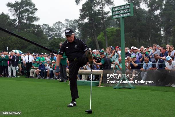 Gary Player of South Africa plays his shot during the first tee ceremony prior to the first round of the 2023 Masters Tournament at Augusta National...