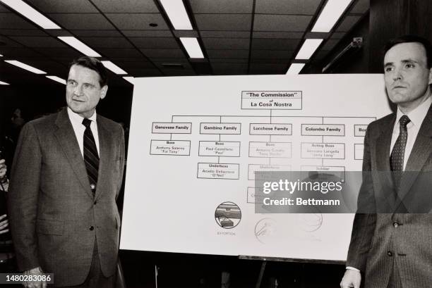 Director William Webster and American attorney Rudolph Giuliani stand next to a chart of 'The Commission' of La Cosa Nostra during a press conference...