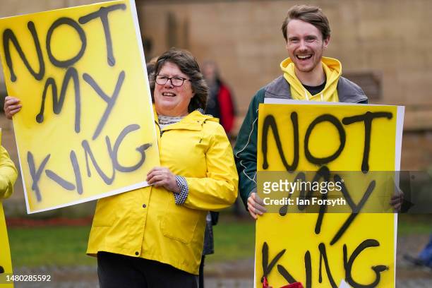 Anti-Monarchy protestors demonstrate as King Charles III and Camilla, Queen Consort arrive for the Royal Maundy Service at York Minster on April 06,...