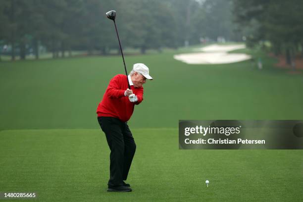 Jack Nicklaus of the United States plays his shot during the first tee ceremony prior to the first round of the 2023 Masters Tournament at Augusta...