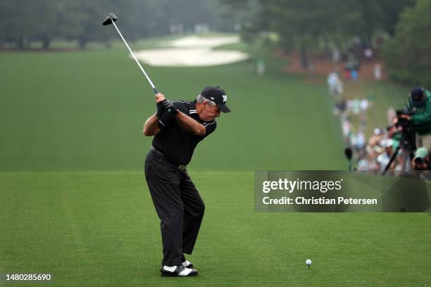 Gary Player of South Africa plays his shot during the first tee ceremony prior to the first round of the 2023 Masters Tournament at Augusta National...