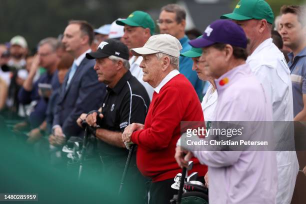 Gary Player of South Africa, Jack Nicklaus of the United States and Tom Watson of the United States take part in the first tee ceremony prior to the...