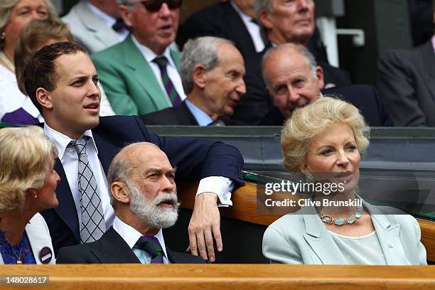 Gill Brook, Prince Michael of Kent, Princess Michael of Kent and Lord Frederick Windsor sit in the Royal Box during the Gentlemen's Singles final...