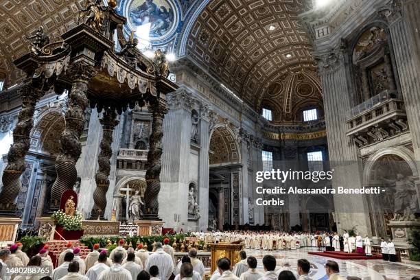 Priests attend the Chrism Mass presided by Pope Francis at St. Peter's Basilica, on April 06, 2023 in Vatican City, Vatican. Pope Francis gave this...