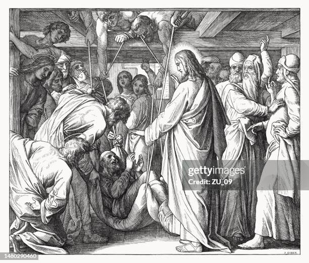 jesus heals a paralytic (luke 5, 17-26), woodcut, published 1860 - miracle stock illustrations
