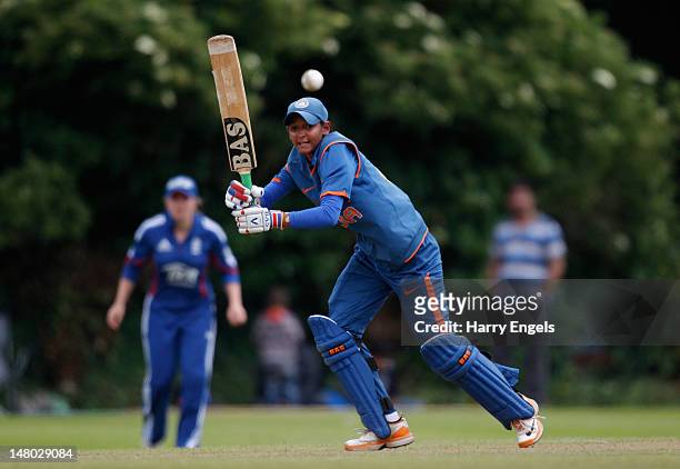 Harmanpreet Kaur of India picks up some runs during the 4th NatWest International One Day match between England Women and India Women at Truro...