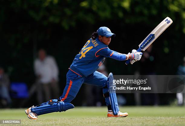 Harmanpreet Kaur of India picks up some runs during the 4th NatWest International One Day match between England Women and India Women at Truro...