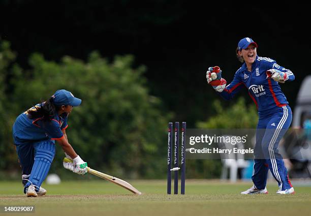 England wicketkeeper Sarah Taylor celebrates stumping Amita Sharma of India during the 4th NatWest International One Day match between England Women...