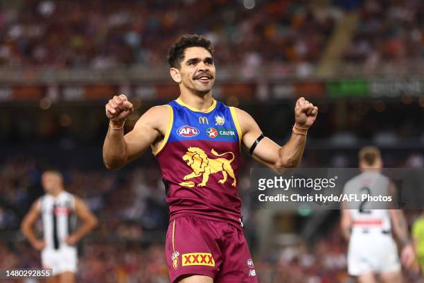 Charlie Cameron of the Lions celebrates a goal during the round four AFL match between Brisbane Lions and Collingwood Magpies at The Gabba, on April...