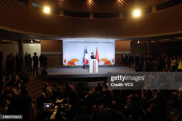 French President Emmanuel Macron delivers a speech during the opening ceremony of an art festival at the Red Brick Art Museum on April 5, 2023 in...