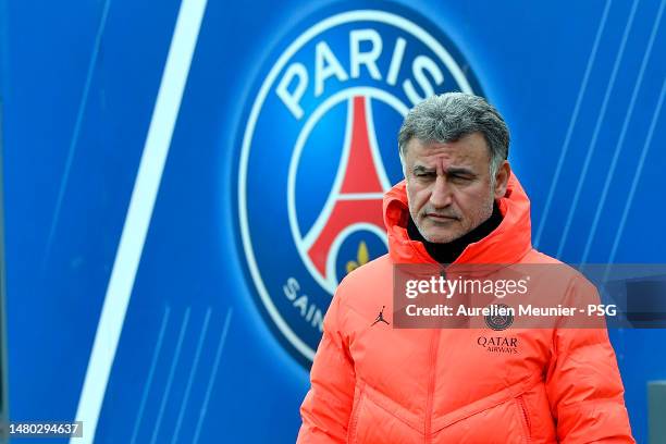 Christophe Galtier looks on during a Paris Saint-Germain training session on April 06, 2023 in Paris, France.